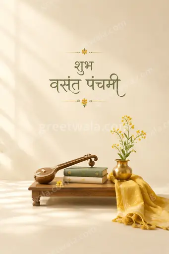 Elegant minimal Hindi Vasant Panchami card displaying शुभ वसंत पंचमी with serene yellow tones and delicate floral grace.
