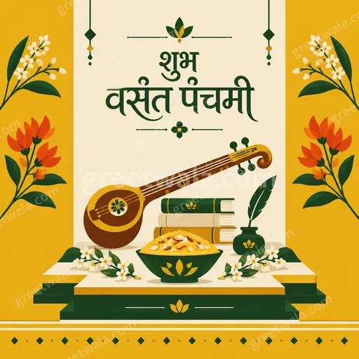 Cheerful modern flat vector card displaying शुभ वसंत पंचमी with bright marigolds, veena motifs, and festive spring sunshine.