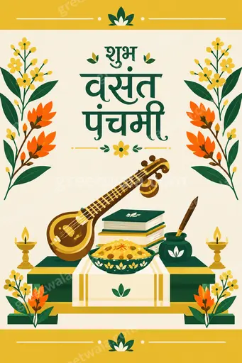 Modern flat vector card with joyful spring mood, marigolds, veena, and bold Hindi text शुभ वसंत पंचमी glowing.