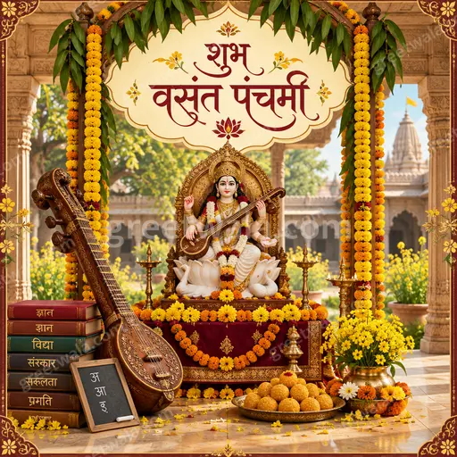 Ornate traditional Vasant Panchami greeting card in Hindi displaying शुभ वसंत पंचमी with festive devotional golden elegance.