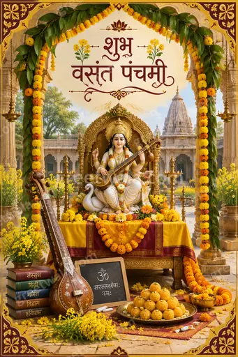 Ornate traditional Vasant Panchami greeting card in warm yellows showcasing शुभ वसंत पंचमी with elegant festive devotional charm.