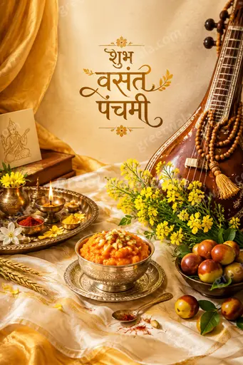 Premium Vasant Panchami card displaying शुभ वसंत पंचमी with serene golden veena, marigolds, and elegant festive radiance.