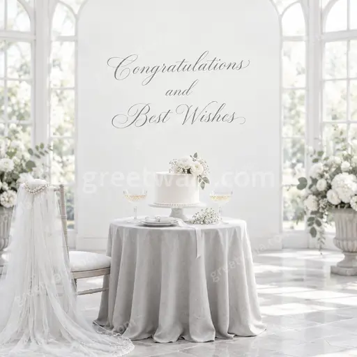Elegant minimal wedding wishes card displaying 'Congratulations and Best Wishes' with soft florals, gold accents, and romantic joy.