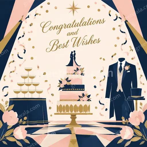 Elegant flat vector modern wedding card with joyful romantic motifs in soft tones featuring Congratulations and Best Wishes.