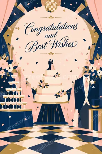 Modern flat vector wedding card with elegant floral accents and joyful romantic mood for Congratulations and Best Wishes.