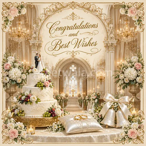 Ornate traditional wedding card radiating joyful elegance with golden motifs celebrating Congratulations and Best Wishes warmly.