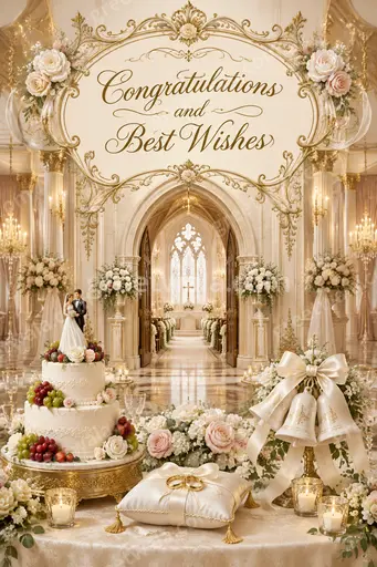 Ornate traditional wedding card glowing with golden motifs and elegant florals, sharing Congratulations and Best Wishes warmly.