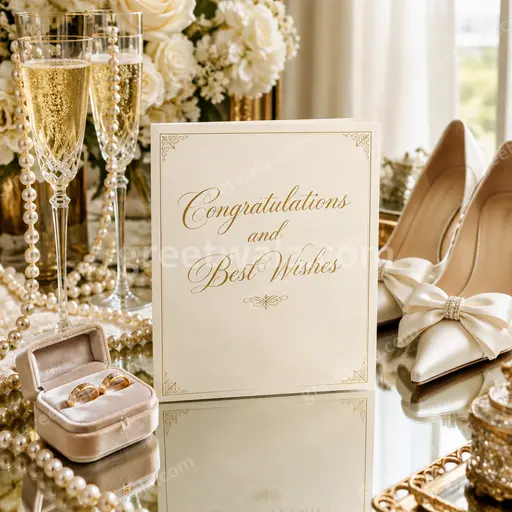 Elegant premium wedding card displaying 'Congratulations and Best Wishes' with romantic florals and golden timeless charm.