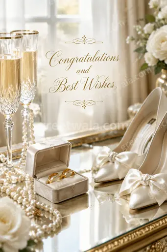 Elegant premium wedding card displaying 'Congratulations and Best Wishes' with golden florals, blush tones, romantic timeless joy.